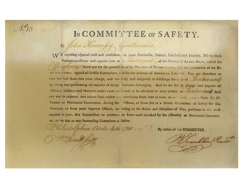 Benjamin Franklin Revolutionary War-Dated Military Appointment Signed as President of the Committee of Safety -- With PSA/DNA COA